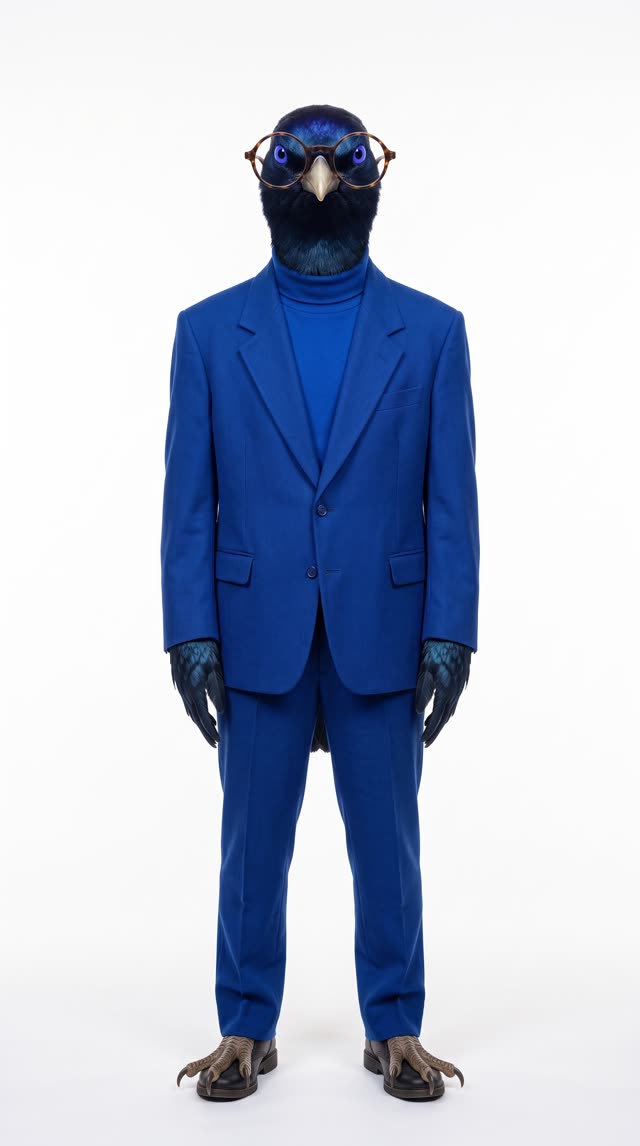 Julian Vance, a satin bowerbird in a royal-blue suit and round tortoiseshell glasses