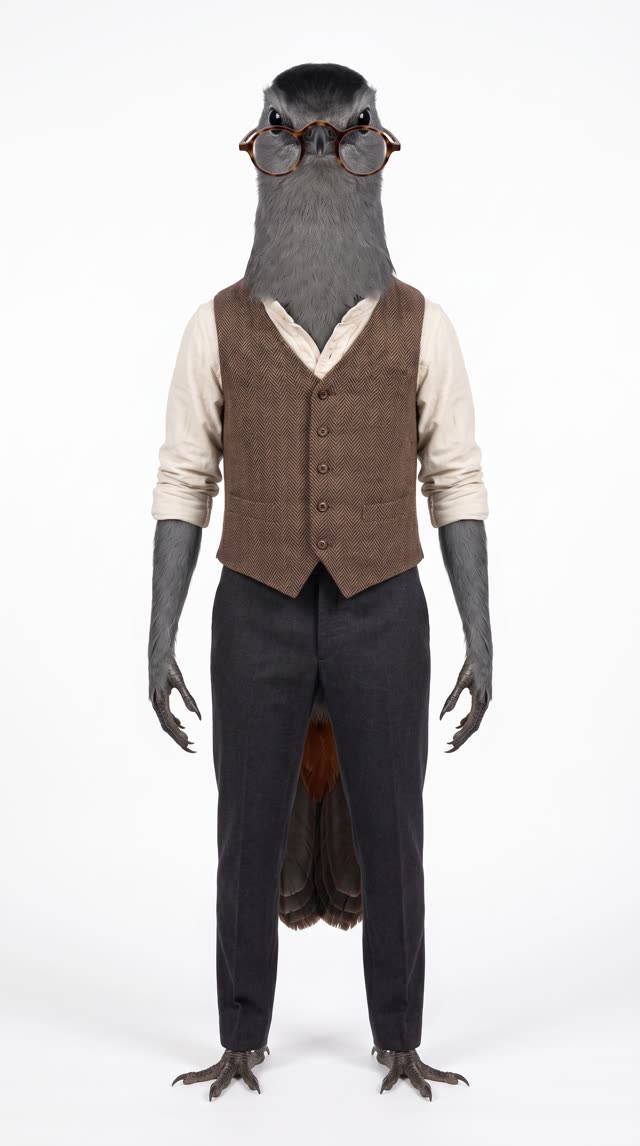 Arthur Pendelton, a gray catbird in a brown herringbone waistcoat and round tortoiseshell glasses