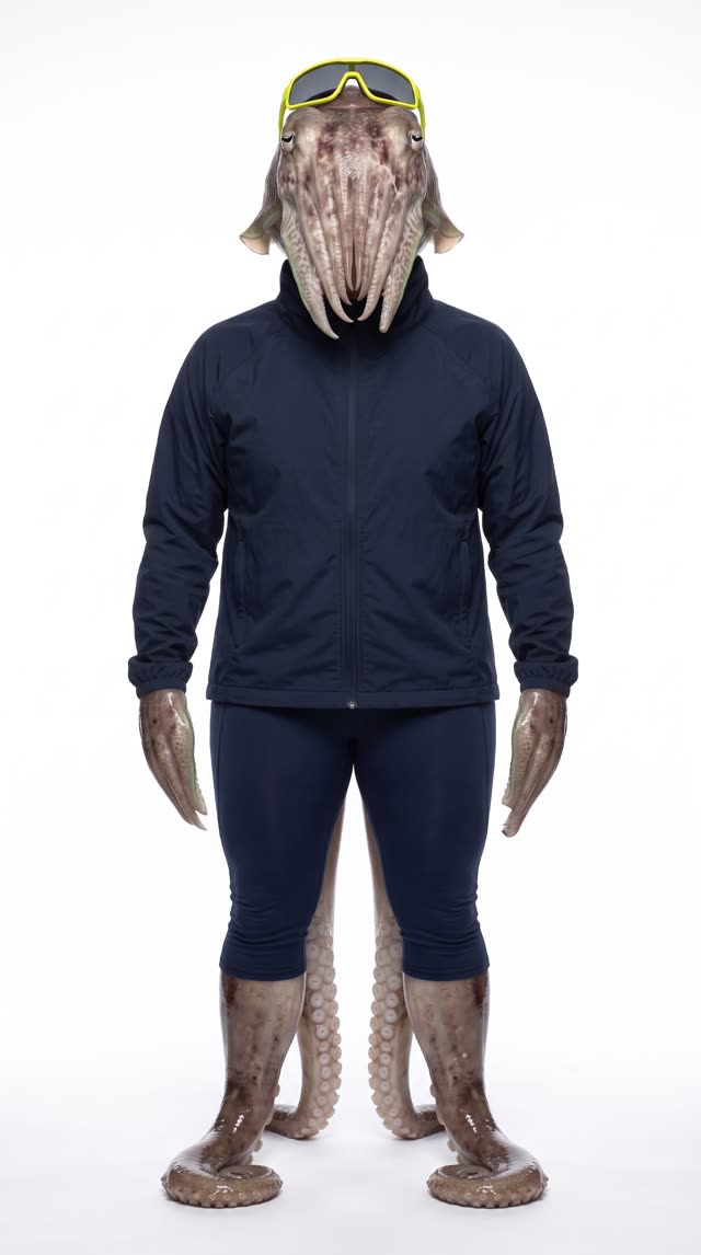 Maren van der Merwe, a cuttlefish in a navy rowing jacket and neon-yellow sports sunglasses