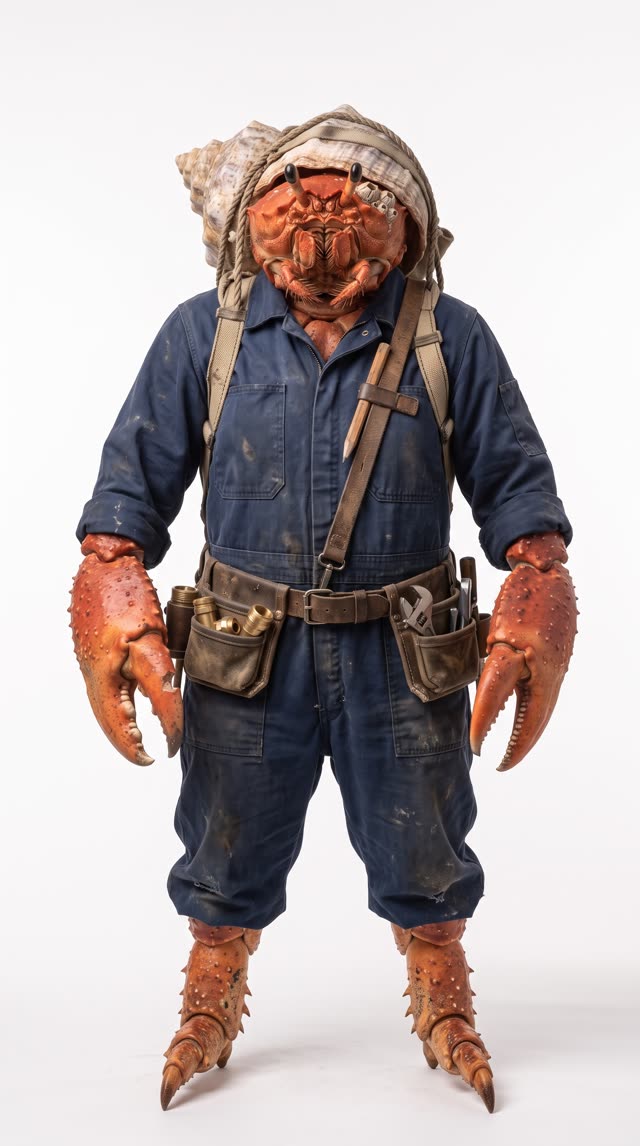 Gwenna Prichard, a hermit crab in a navy boiler suit and a leather tool belt, carrying her shell