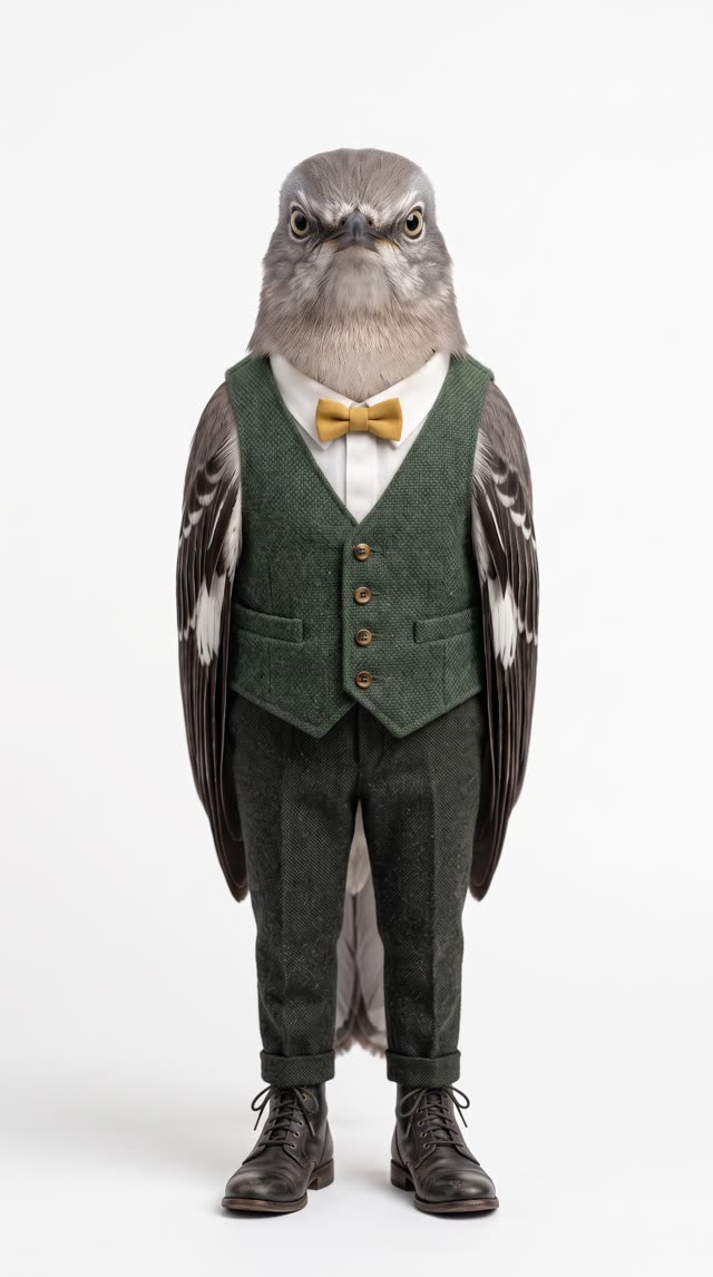 Nesta Blythe, a northern mockingbird in a forest-green tweed waistcoat and a mustard bow tie